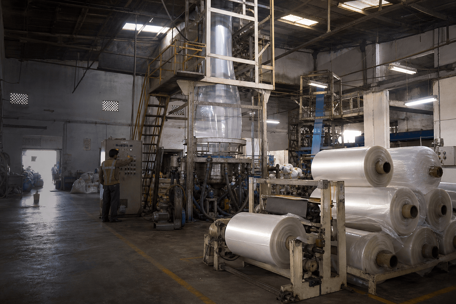 Operator on the blown film line with finished polythene rolls stacked on the factory floor